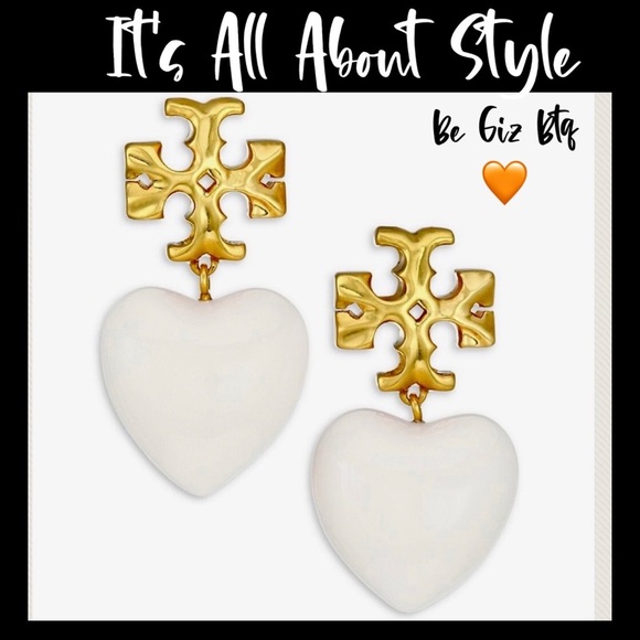 🆕Tory Burch Authentic Roxanne Gold-Tone & Resin Heart Earrings In Ivory White - Picture 4 of 11